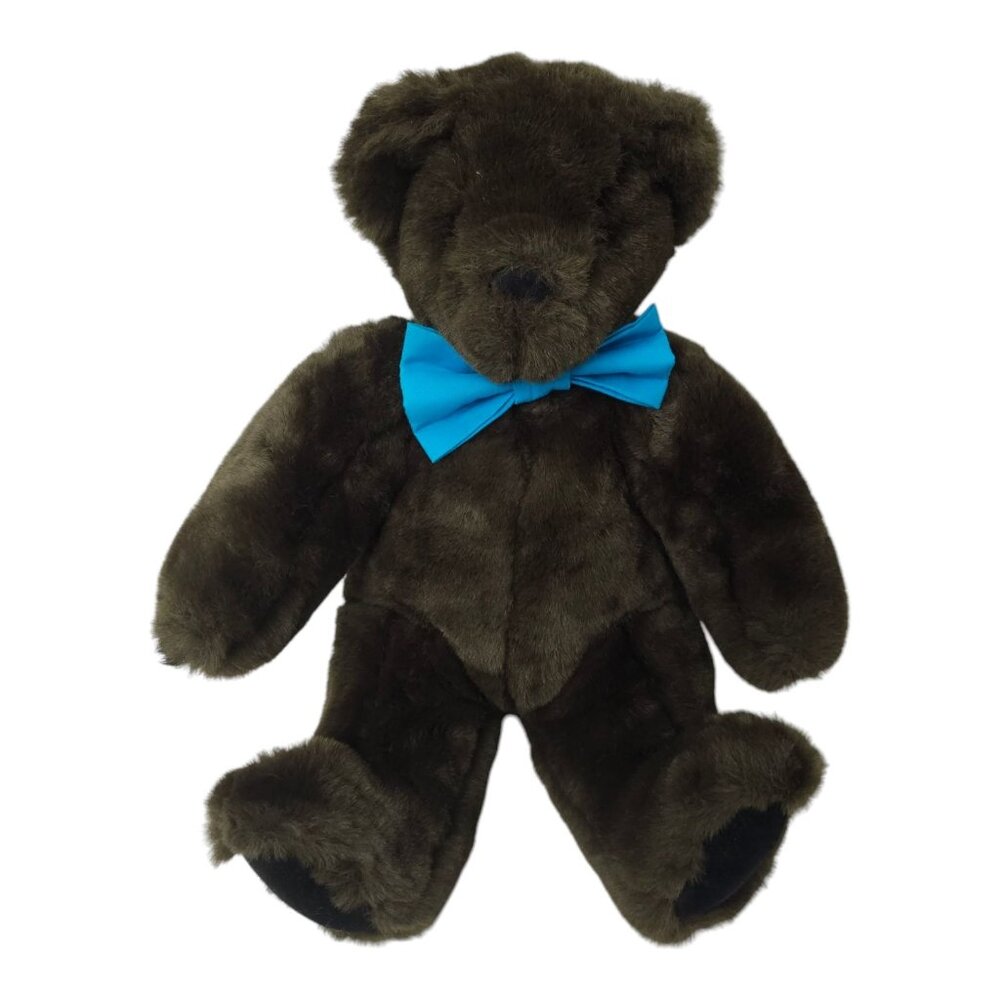 Vermont Teddy Bear 14" Plush Chocolate Brown Stuffed Animal Toy Blue Bow Tie